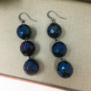 Vintage Czech Fire Polished Blue Iris Glass Three Bead Drop Dangle Earrings